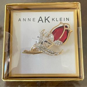 Anne Klein Red Rose and Rhinestone Gold Pin